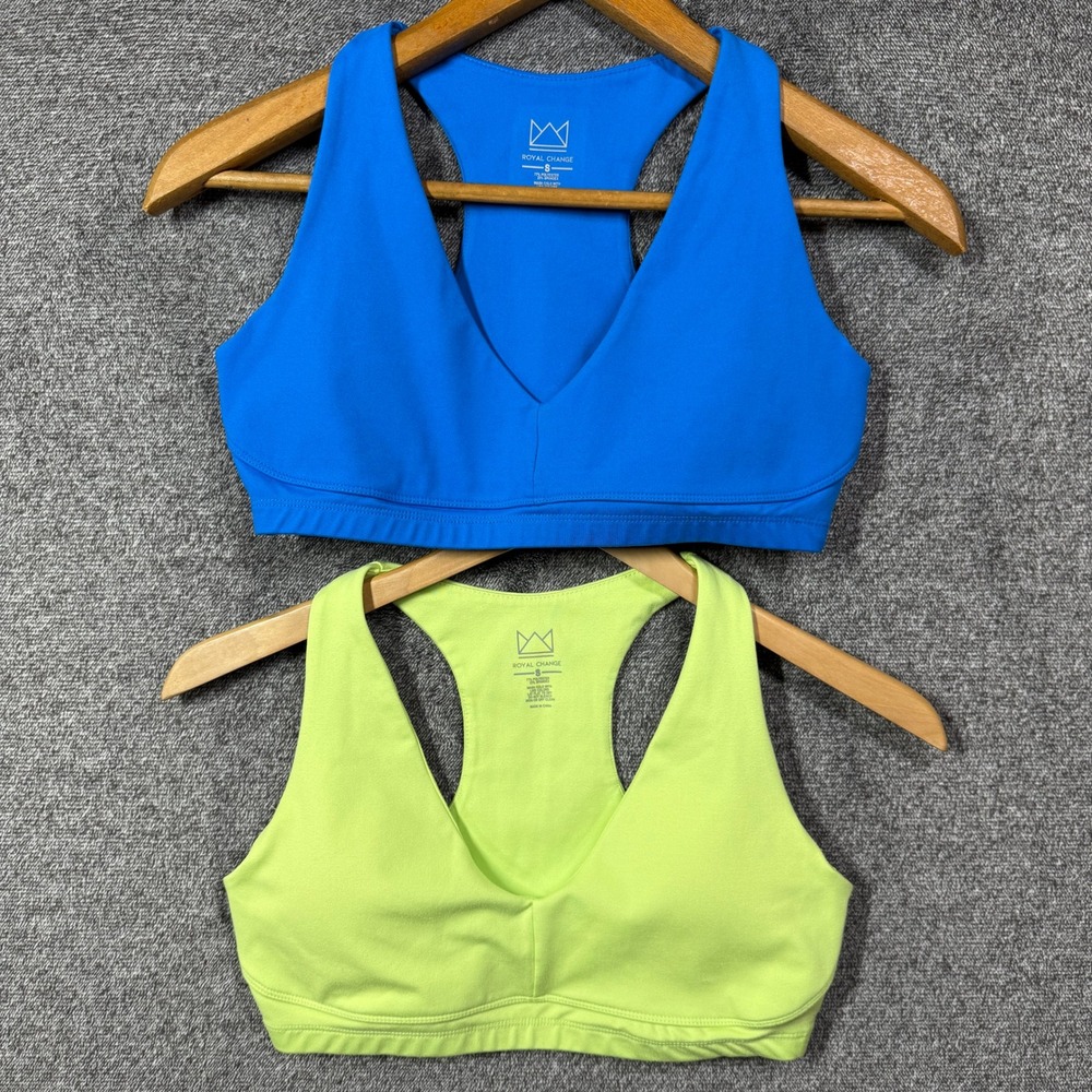 Royal Change Womens V-Neck Racerback Sports Bra Bundle Blue Lime Green Small